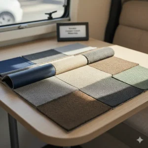 Swatches of different durable and easy-to-clean upholstery material options, such as vinyl or performance fabric, ideal for a camper couch.