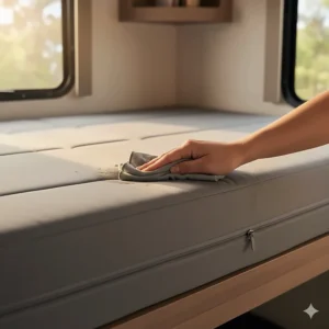 Image demonstrating the easy-to-clean material and zipper on a high-quality camper bunk mattress.