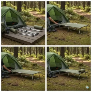Step-by-step animation of the quick and easy setup for a foldable lightweight camping cot.