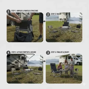 Step-by-step graphic illustrating the simple, quick setup process for the portable camper table and chairs.