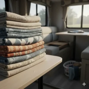 Stack of freshly laundered easy wash RV upholstery covers ready to be put back on the motorhome furniture.