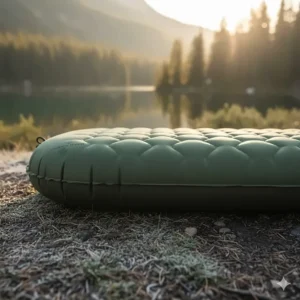 Side profile of the inflated 2 person camp pad, demonstrating its generous thickness for superior cushioning and support.