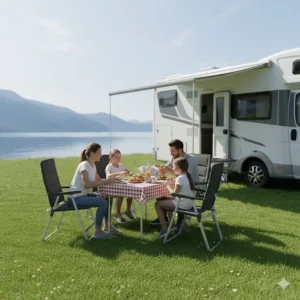 A family of four enjoying a meal together at a sturdy outdoor camper table and chairs under an awning.