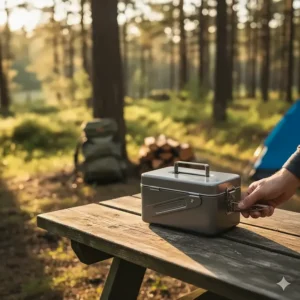 Compact, folded view of the 2 burner camp stove for easy transport and storage.