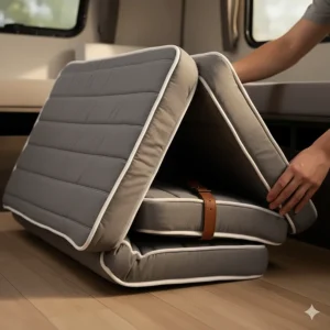 Close-up of a folding camper bunk mattress, showing its compact and space-saving design.