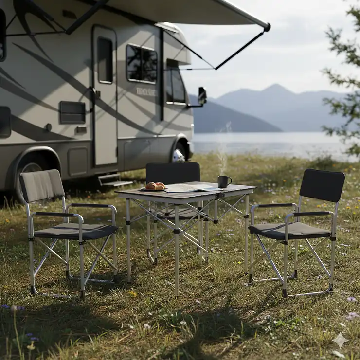 Folding camper table and chairs set up outside a recreational vehicle on a sunny campsite.