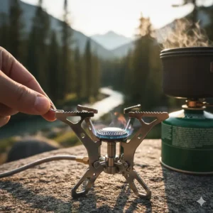 Detail of the metal arms or folding pot supports extended from the top of the single burner stove.