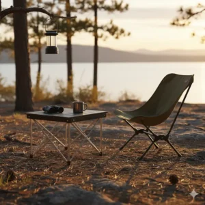 Folding side table set up next to a camp chair at a campsite, ready for drinks and snacks.