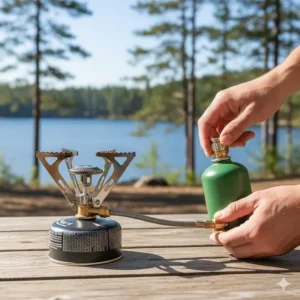 Showing the secure connection of a small fuel canister to a threaded single burner camp stove.