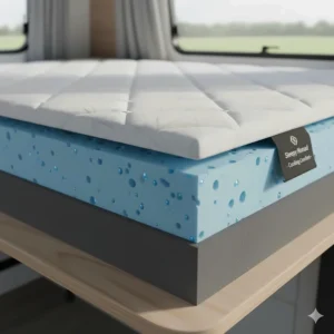 Image detailing the breathable cover and gel-infused layer of a cooling camper mattress designed to prevent overheating.