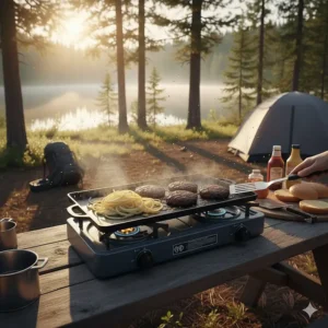 Sizzling burgers and onions being cooked on a flat-top camp stove griddle at a campsite.