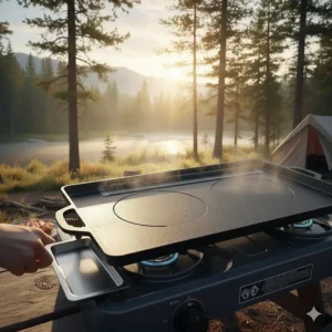A stainless steel camp stove griddle featuring an integrated grease trap and channel for easy cleanup.