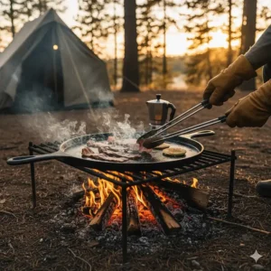 Using a rugged steel camp stove griddle safely over an open campfire or fire pit for versatile outdoor cooking.