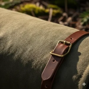 Detailed texture shot of the heavy-duty, cotton canvas material of a quality camping bed roll.