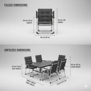 Diagram showing the folded and unfolded dimensions of a heavy-duty camper table and chairs kit for RV owners.