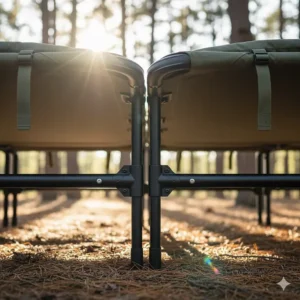 Detailed view of the sturdy, heavy-duty aluminum frame supporting the double cot.