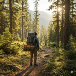 Backpacker hiking in the mountains with a durable camping bed roll attached to their backpack.