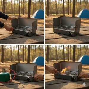 Step-by-step image showing the easy setup of a double burner camping stove.