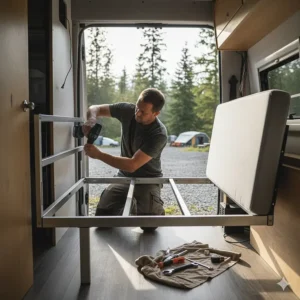 Step-by-step image of a person easily installing a lightweight, bolt-in new couch for a camper van renovation project.