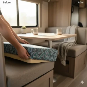 Step-by-step image of how to measure for or install replacement RV camper cushion covers on a bench.