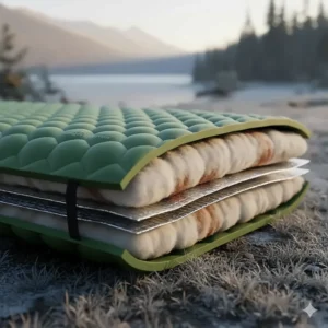 Cross-section showing the internal insulation layers of the thick, comfortable 2 person camp pad for cold weather.