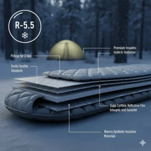 Cross-section view illustrating the insulation layers in a premium sleeping pad to maintain warmth on cold-weather camping trips.