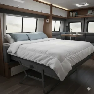 An image demonstrating a space-saving jackknife sofa bed fully converted into a sleeping area inside a small camper, emphasizing ease of use.