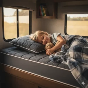 Happy child sleeping soundly on a specially sized kids camper bunk mattress.