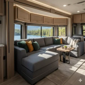 A luxurious L-shaped sectional couch filling a large slide-out area of an RV, maximizing seating in the mobile living space.