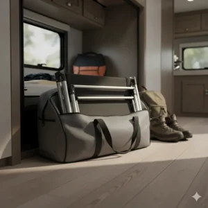 Lightweight aluminum camper table and chairs folded and stowed in a storage bag.