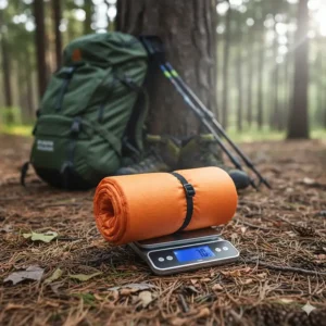 An ultra-lightweight, compact backpacking camp mattress on a digital scale, highlighting its minimal weight.