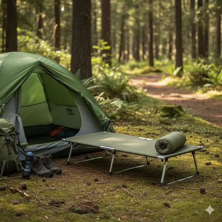 A fully set-up lightweight camping cot outdoors next to a tent, demonstrating its compact size and elevated comfort for backpackers.
