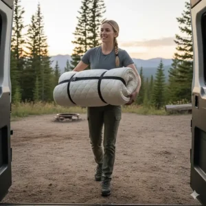 Demonstrating the lightweight and portable nature of the camper foam mattress being carried easily.