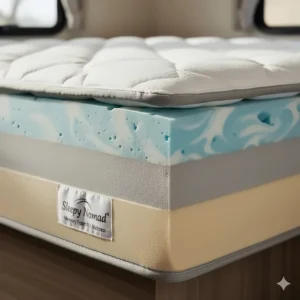 Close-up shot of the layered construction of a plush memory foam RV mattress, highlighting the different materials for support.