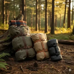 Collection of three different sized camping bed rolls in various earthy colors.