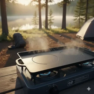 Close-up detail of the durable, non-stick surface of a quality camp stove griddle.