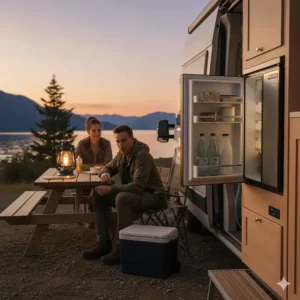 Camper refrigerator keeping food cold during an off-grid camping trip, powered by the efficient propane gas feature.
