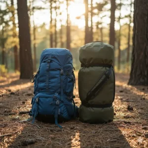 Compact packed size of the two person cot next to a backpack for scale.
