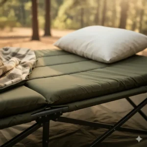 Close-up view of the thick padding and comfortable sleeping surface of the two-person camping bed.