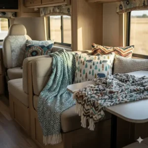 A collection of vibrant, patterned camper seat covers and throws, showing various available styles for RVs.