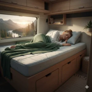 Traveler comfortably sleeping on the thick camper foam mattress inside a van conversion.