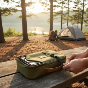 A lightweight and portable camp stove griddle with a carrying case, showing its compact size for backpacking.