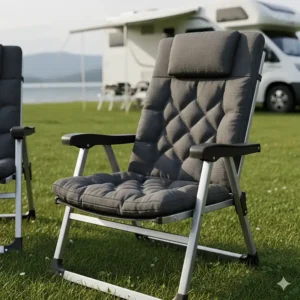 Close-up of a durable, padded camping chair included in a camper table and chairs bundle.