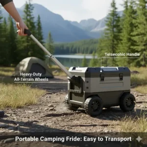 A rugged, portable camping fridge with heavy-duty wheels and a telescopic handle, ready for transport across uneven terrain.