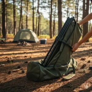 Demonstration of a portable folding camp bed easily collapsing and fitting back into its storage bag for travel convenience.
