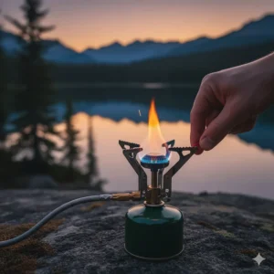 Close-up of the piezo igniter on a portable single burner stove being pressed to light the flame.