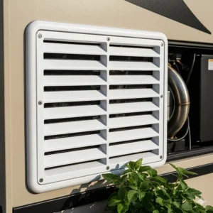 Picture of the exterior refrigerator rear access vent on the side of the RV, which is essential for proper ventilation.