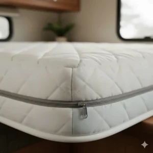 Close-up of the removable and washable cover on the camper foam mattress, showing the zipper detail.