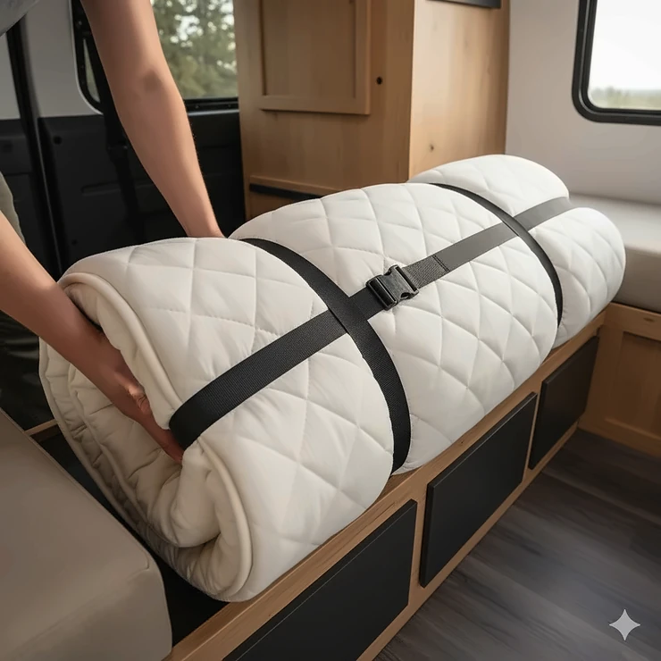 Rollable camper foam mattress being compressed and secured with straps for easy storage in a compact travel trailer.