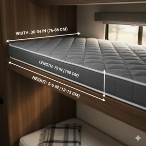 Diagram illustrating the common dimensions of an RV bunk mattress for easy fitting.